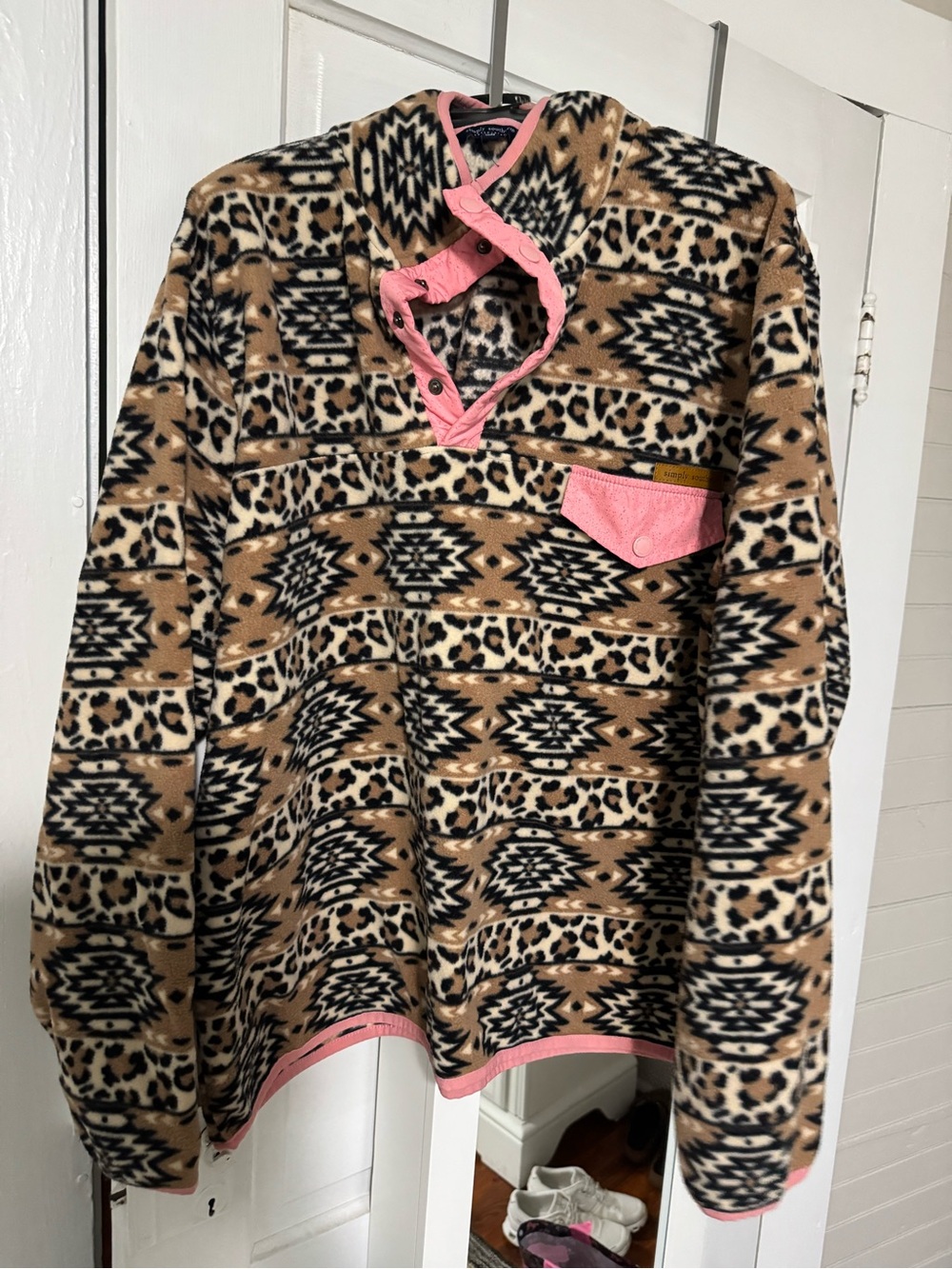 Women’s large simply southern Aztec Print Fleece Pullover with Pink Trim